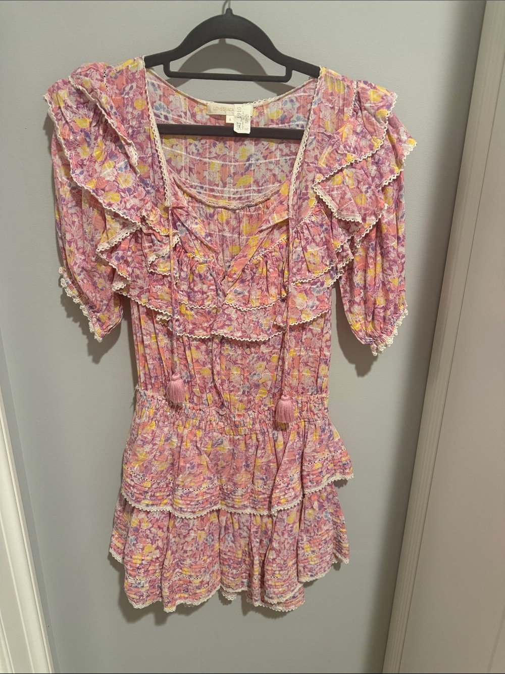 LoveShackFancy Pink & Yellow Floral Ruffle Mini Dress